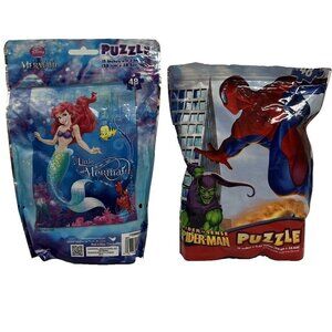 Lot of 2 Disney Ariel Little Mermaid 48 Piece Jigsaw Puzzles Marvel Spiderman